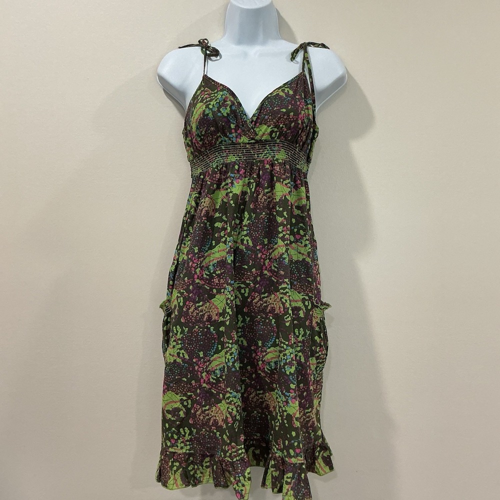 At Last Womans Colorful Artsy Babydoll Ruffled Smocked Dress Y2K Large Pockets